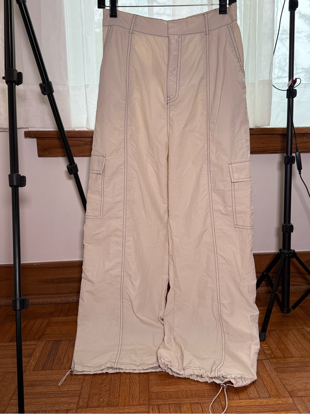 Love Tree Beige Wide-Leg Cargo Pants with Drawstring Hems